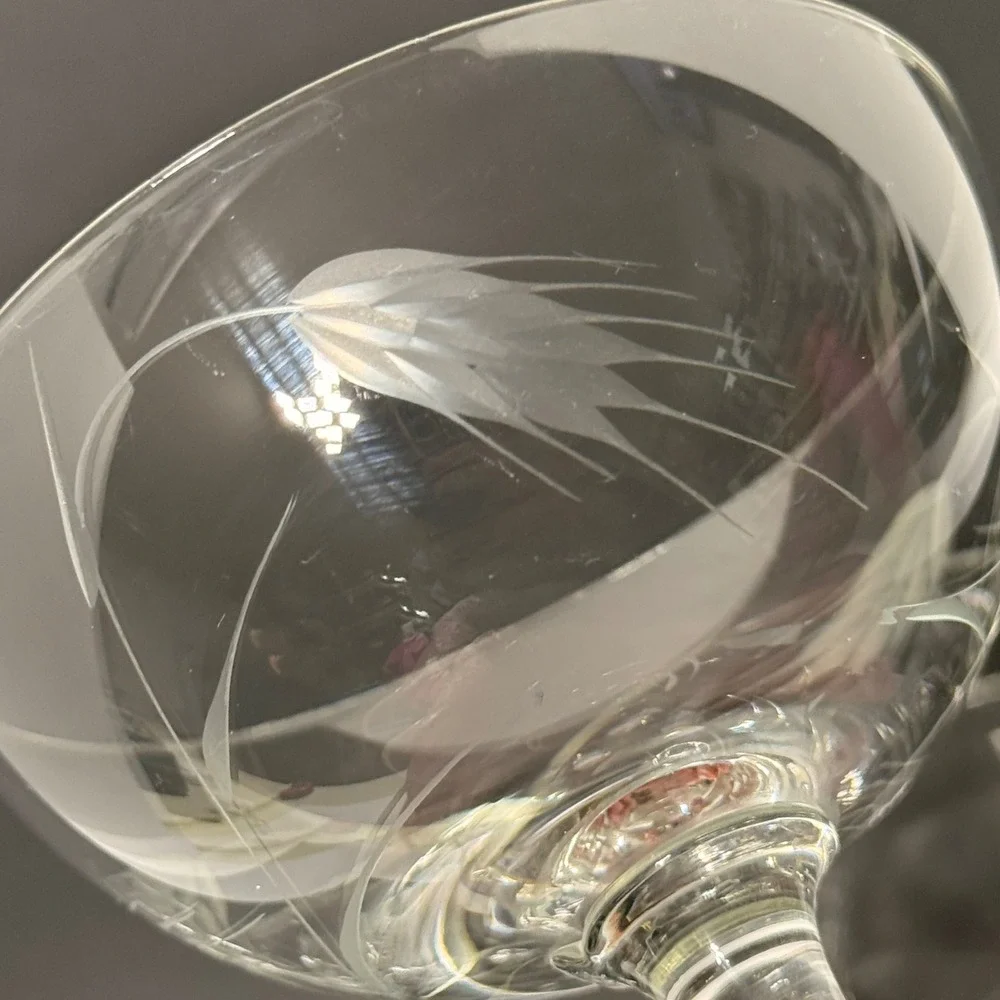 Vintage Etched Wheat Glass Champagne Coupe Sherbet Glasses Set of 9 Clear MCM